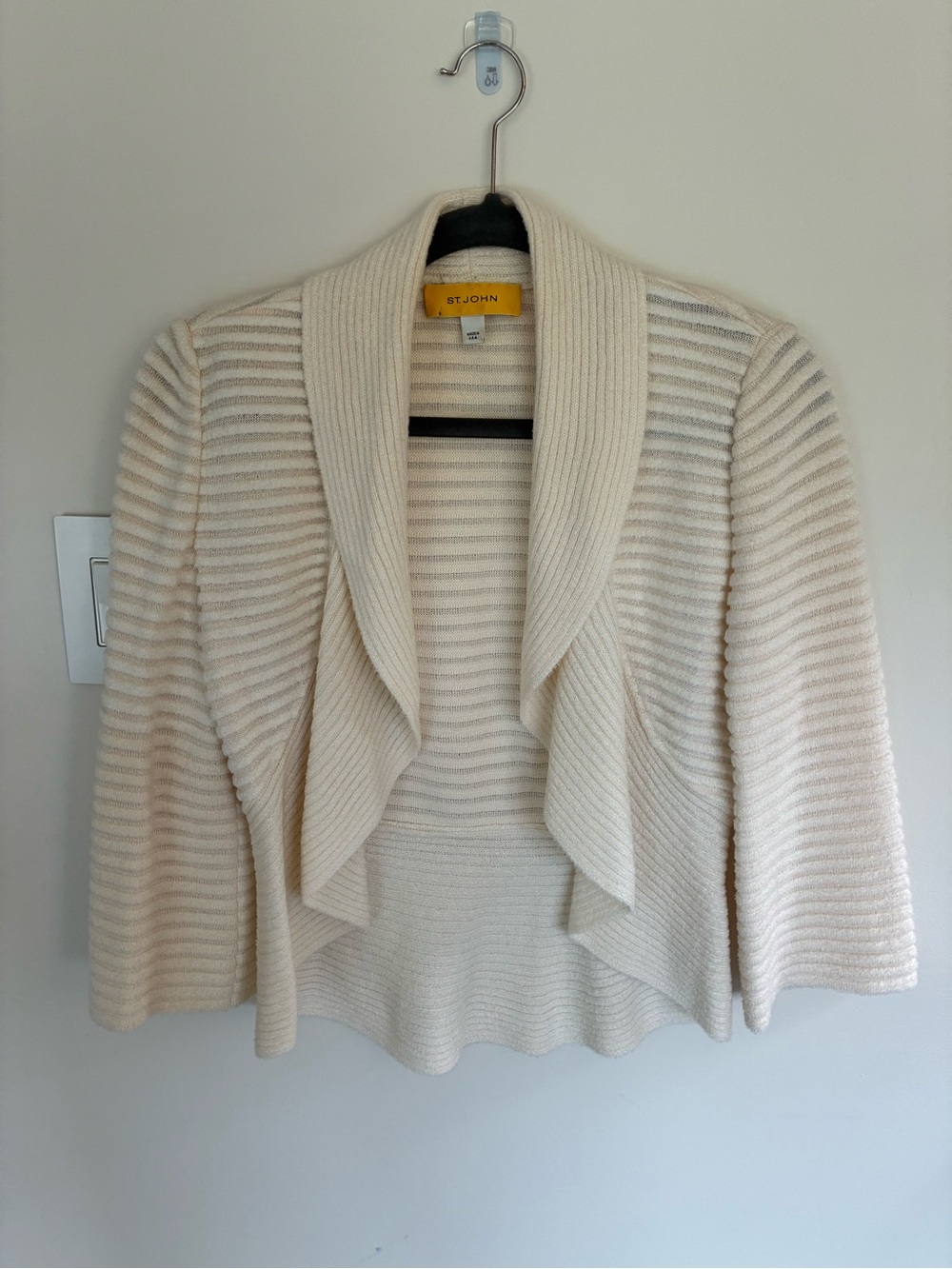 St. John Cream Ribbed Draped Open-Front Cardigan